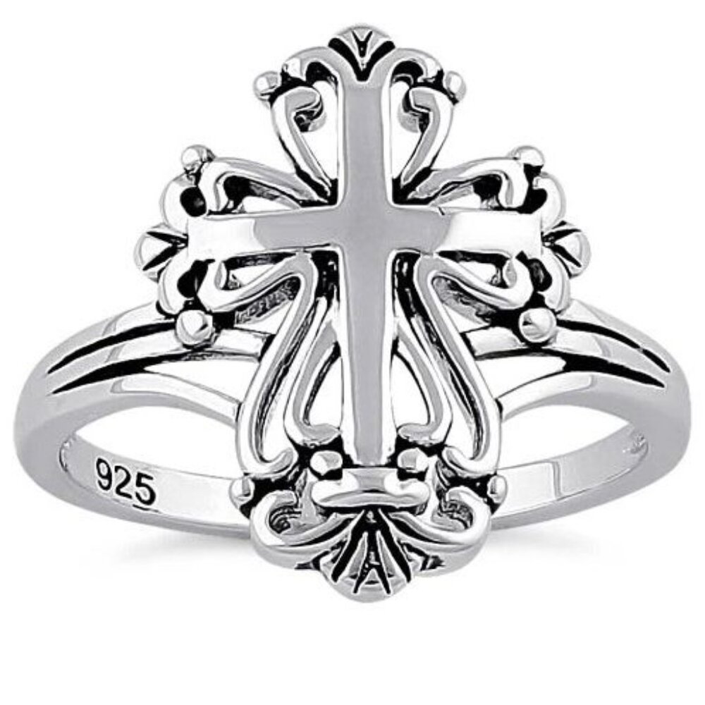925 STERLING SILVER Antique Style Dainty Cross Ring - Picture 14 of 16
